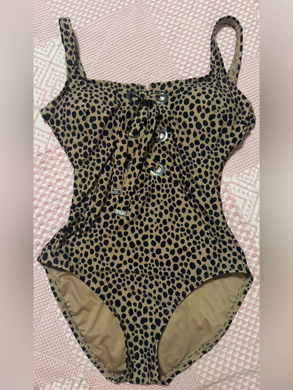 MICHAEL Michael Kors Tan and Black Leopard Lace-Up One-Piece Swimsuit